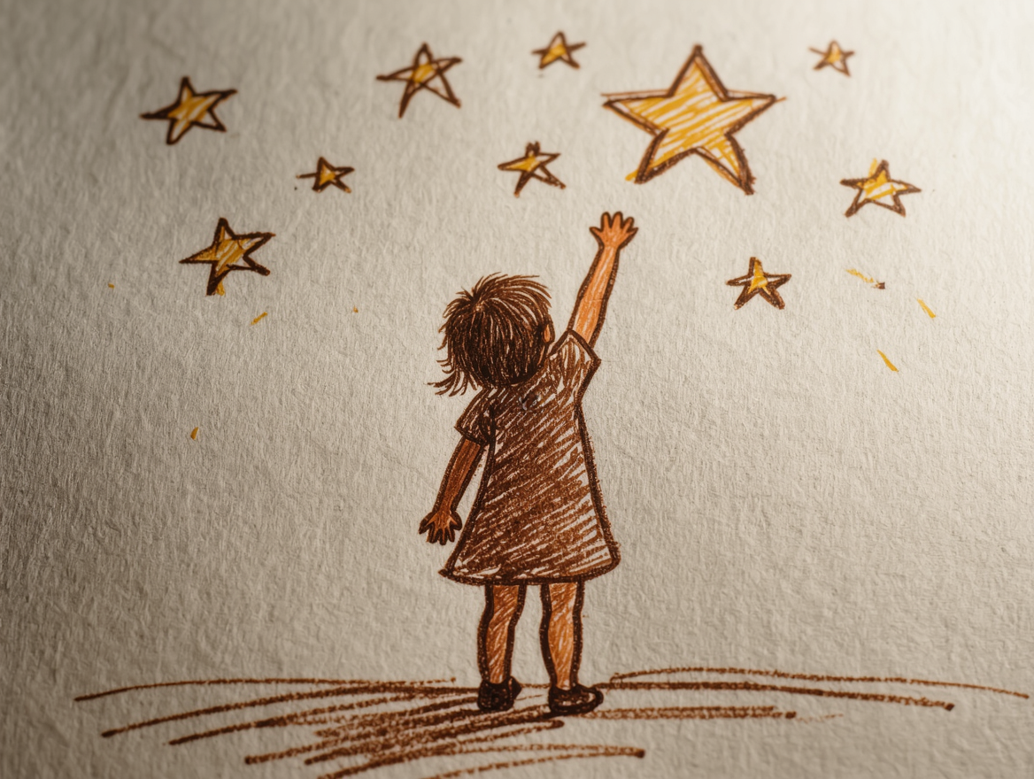 Hand-drawn illustration of a child reaching for stars